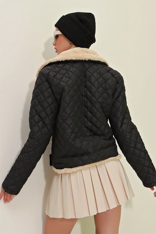 Dámský černý dvouřadý límec vnitřní kožešinový pásek prošívaný kabát ALC-X9108 - 6