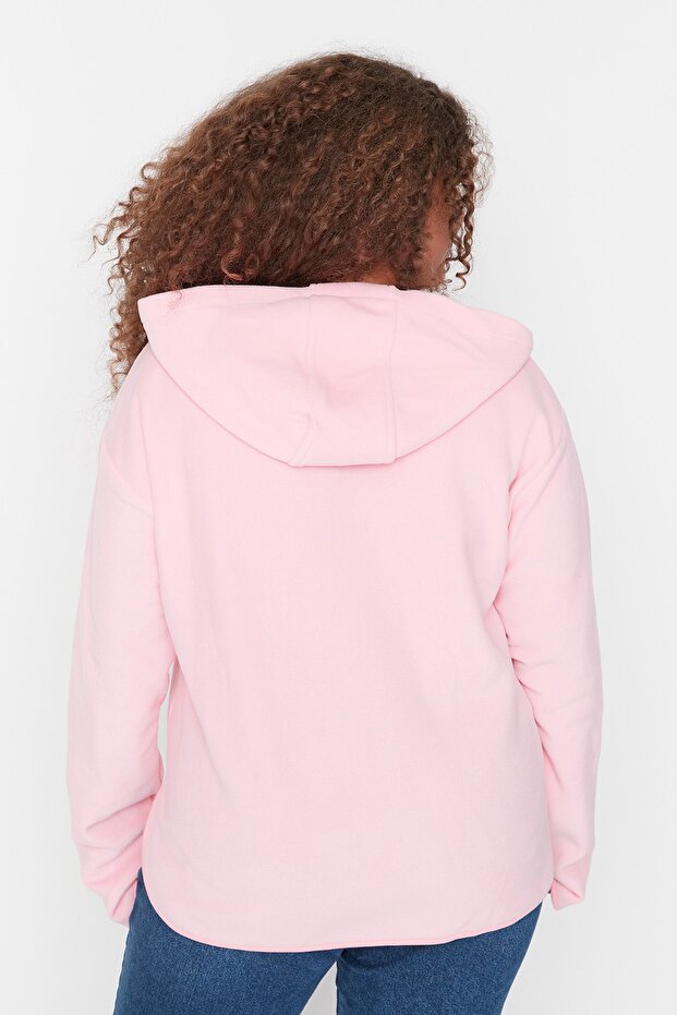 Pembe Kapüşonlu Kalın Polar Örme Büyük Beden Sweatshirt TBBAW23AO00064 - 9