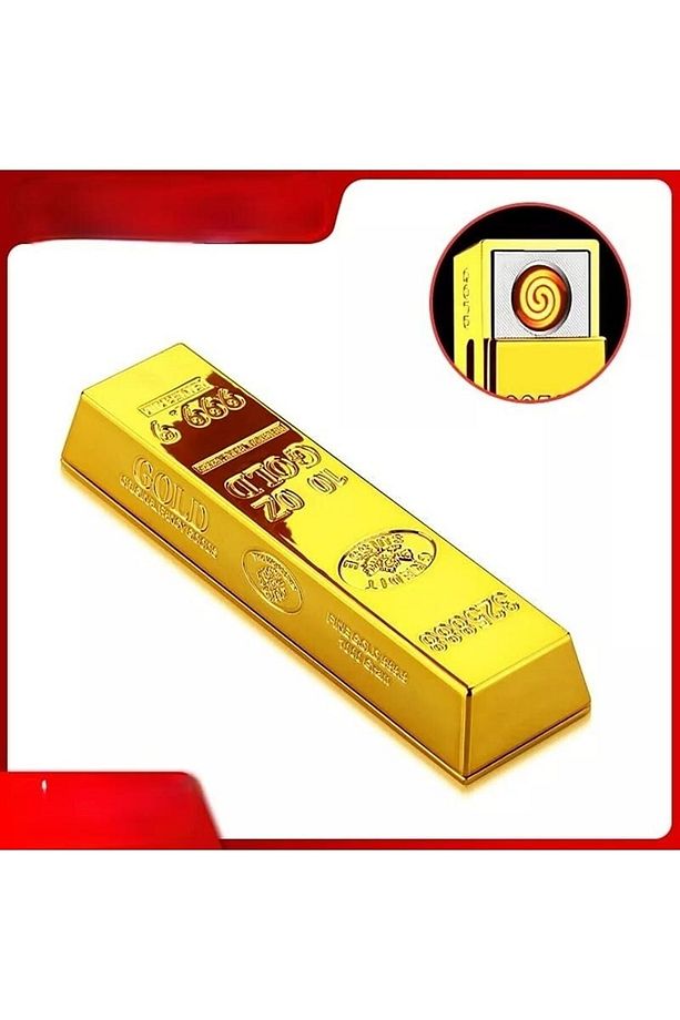 Altın Bar Led Işıklı Şarj Çakmak Şarjlı Gold Hediyelik Çakmak - 1