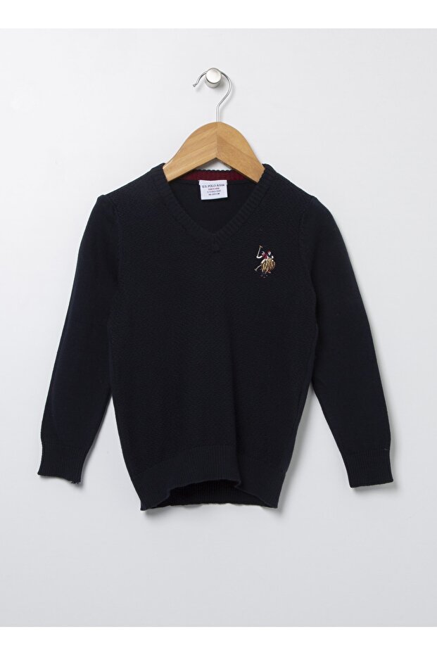 V-Neck Plain Navy Blue Boy's Sweater Tcdunıvkıds-Sk22