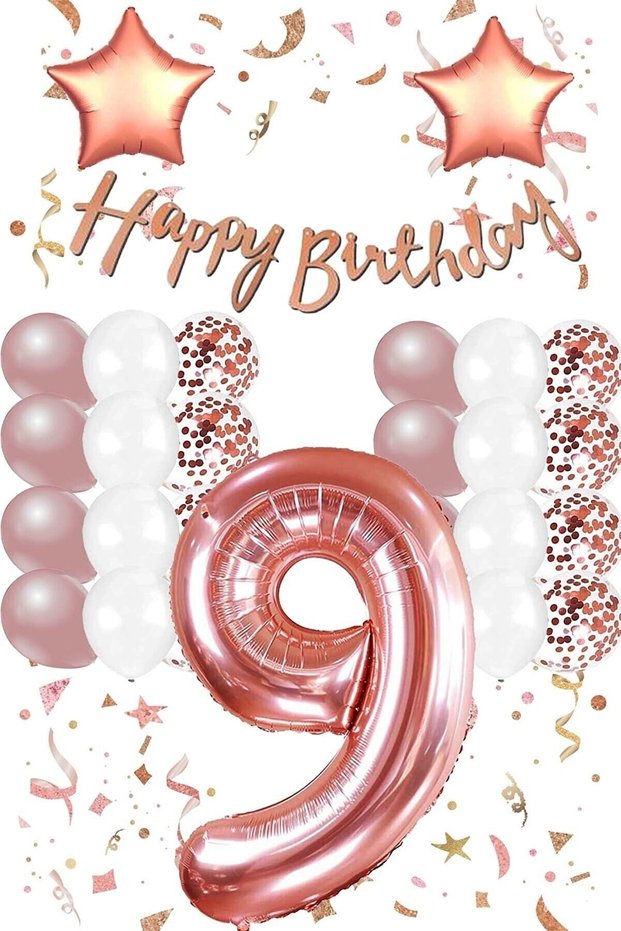 Rose Gold Concept 9 Year Old Birthday Set Number and Star Foil Balloon Banner and 24 Balloons and Stamps