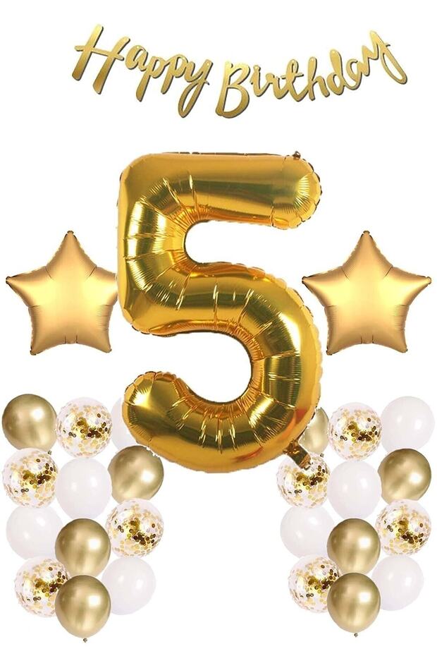 Gold Concept 5 Year Old Birthday Set Number and Star Foil Balloon Banner and 24 Balloons and Stamps