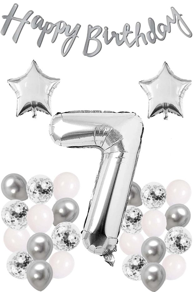 Silver Concept 7 Year Old Birthday Set Number and Star Foil Balloon Banner and 24 Balloons and Stamps