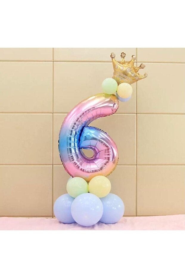 Rainbow Concept 6 Year Old Birthday Set with Figures and King Crown Foil Balloons and 10 Macaron Balloons