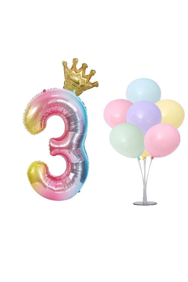 Rainbow Concept 3 Year Old Birthday Set Figure and King Crown Foil Balloon 7 Pieces Balloon Stand 7 Balloons