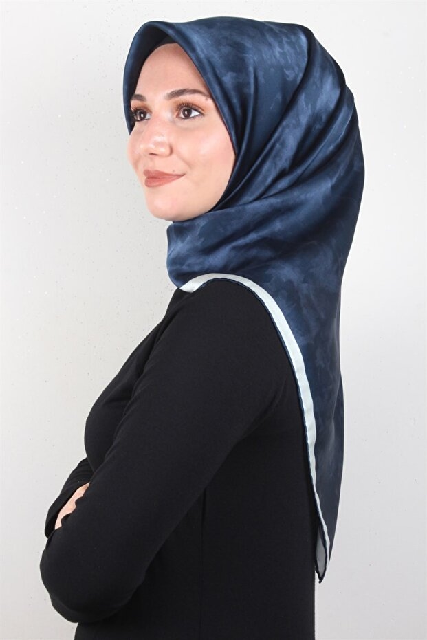 Cloud Pattern Crepe Satin (Sura) Silk Scarf - Navy Blue - 7208701-322