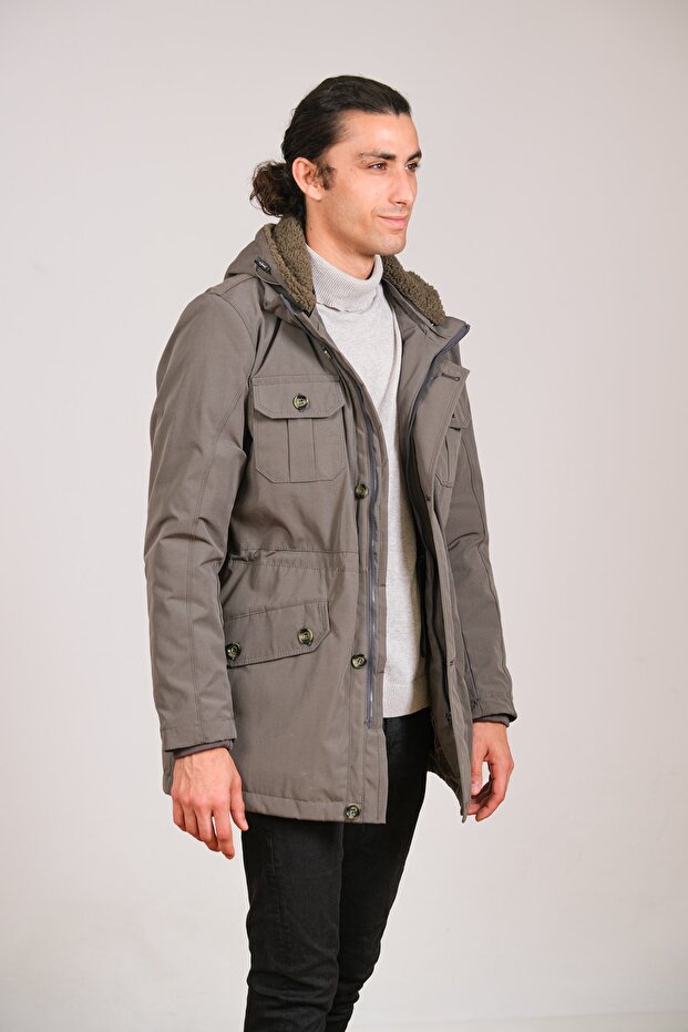 Erkek Gri Kapüşonlu Parka - 2