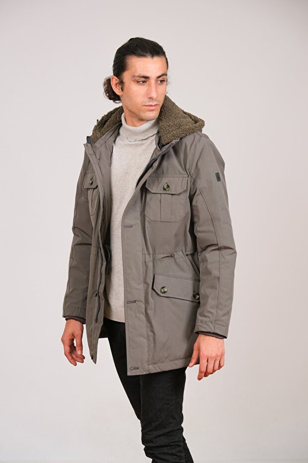 Erkek Gri Kapüşonlu Parka - 3