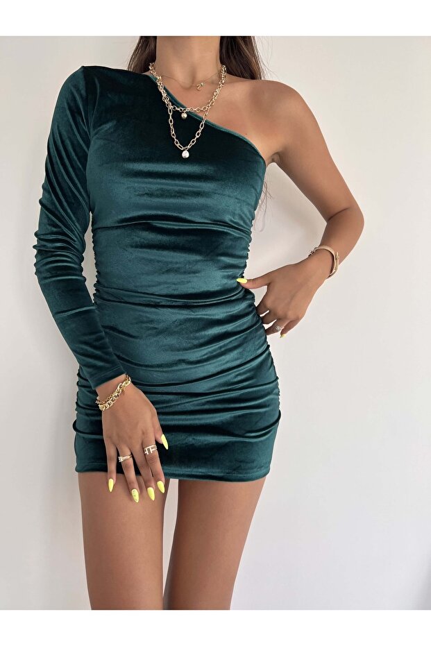 Kadın Tek Omuz Kadife Kumaş Drape Detay Mini Elbise - 1