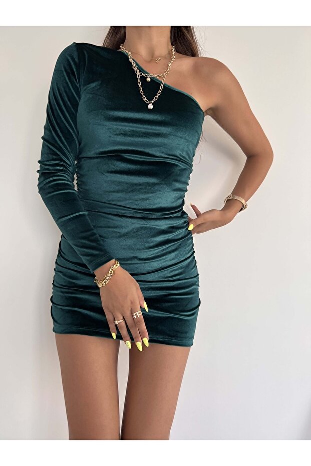Kadın Tek Omuz Kadife Kumaş Drape Detay Mini Elbise - 2