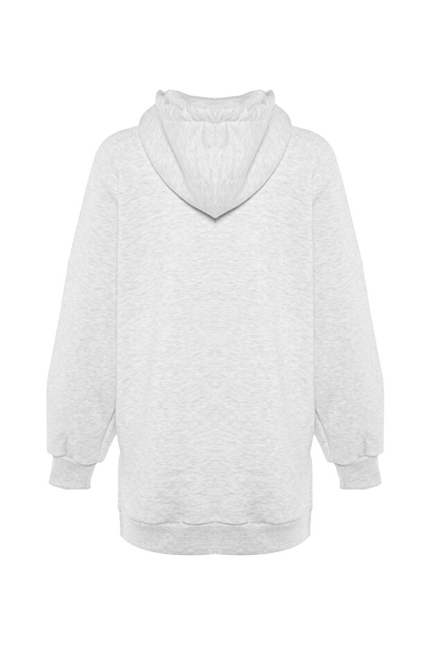 Gri Kapüşonlu Oversize Şardonlu Örme Sweatshirt - 8