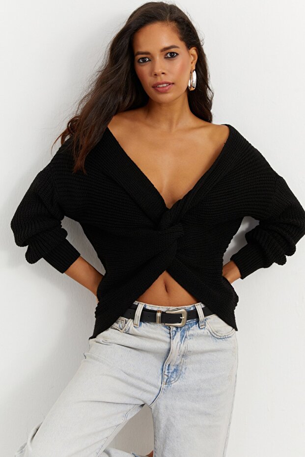 Women's Black Knotted Knitwear Blouse MSS118