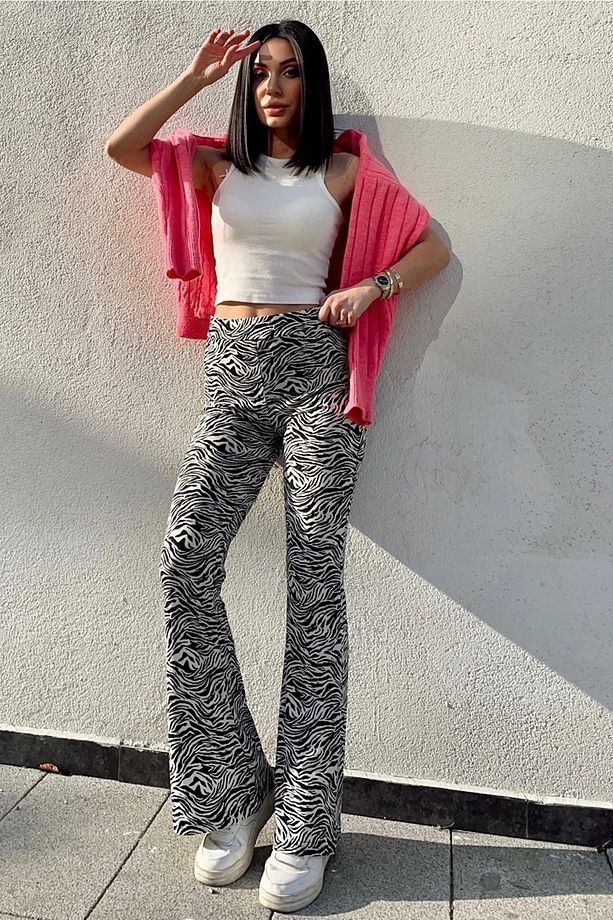 Zebra Desenli Ispanyol Paça Likralı Örme Pantolon 100 Cm - 1