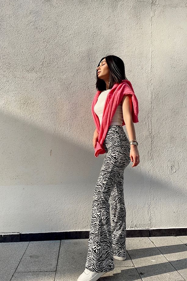 Zebra Desenli Ispanyol Paça Likralı Örme Pantolon 100 Cm - 5