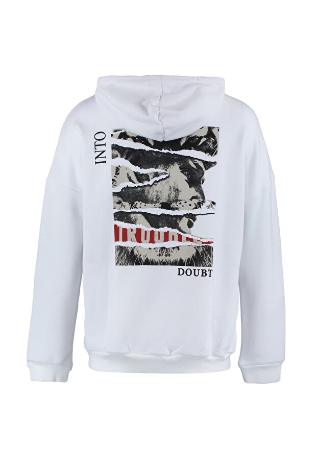 Beyaz Regular/Normal Kesim Kapüşonlu Arkası Sanatsal Baskılı Şardonsuz Sweatshirt TMNAW20SW0489 - 9