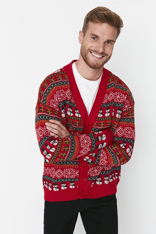Çok Renkli Unisex Oversize/Geniş Kesim Yünlü Geniş Kalıp Christmas Triko Hırka TMNAW23HI00043 - 9