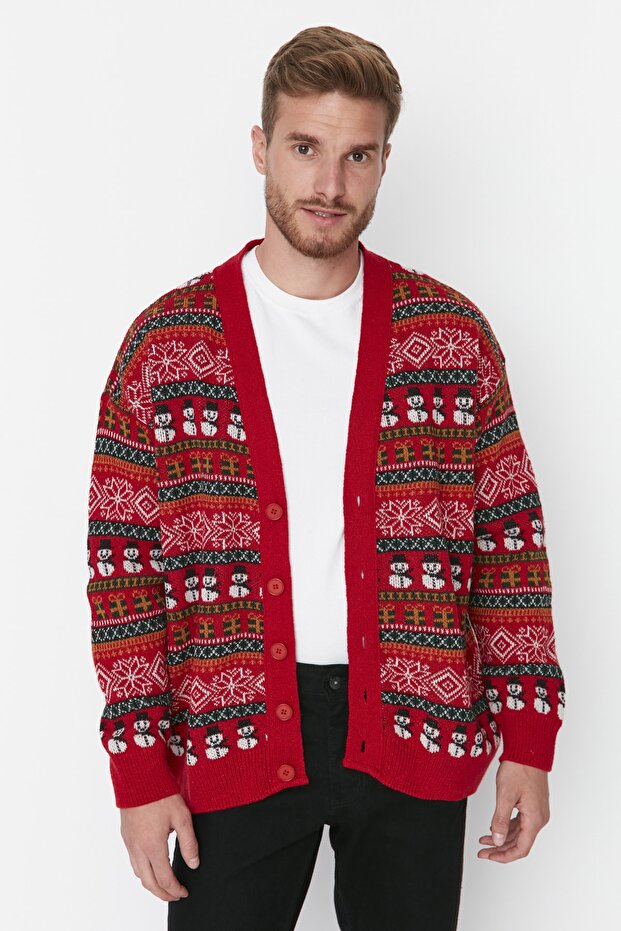 Çok Renkli Unisex Oversize/Geniş Kesim Yünlü Geniş Kalıp Christmas Triko Hırka TMNAW23HI00043 - 8