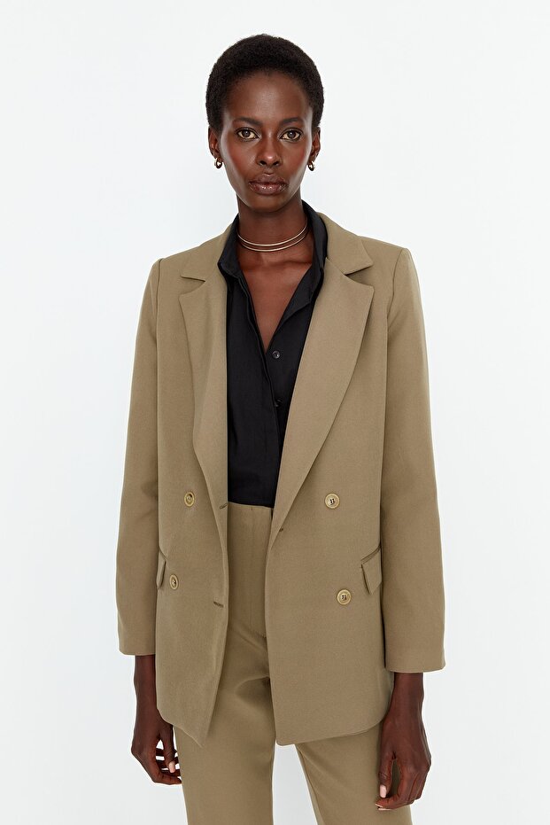 Açık Haki Regular Astarlı Kruvaze Kapama Dokuma Blazer Ceket TWOAW21CE0264 - 2