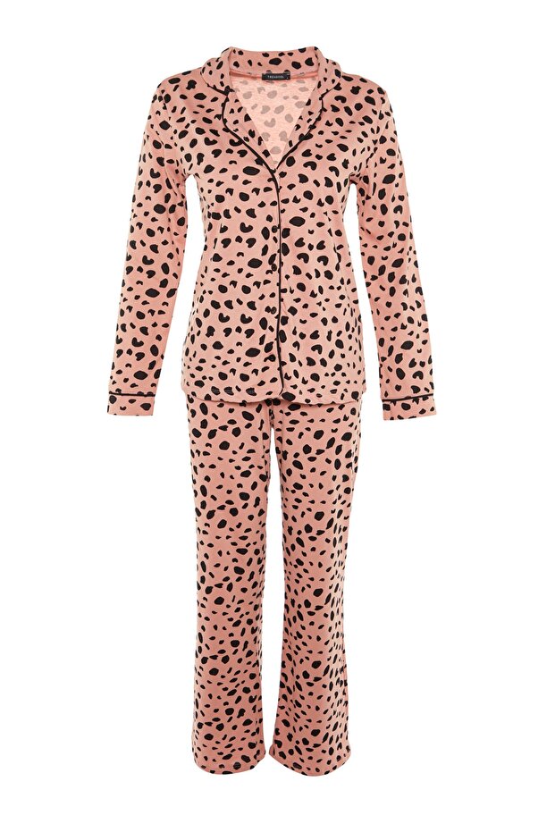 Pudra %100 Pamuklu Leopar Desenli Gömlek-Pantolon Örme Pijama Takımı THMAW21PT0489 - 8