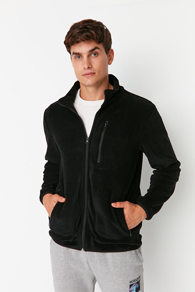 Siyah Regular/Normal Kesim Fermuarlı Sıcak Tutan Kalın Anti-pilling Polar Sweatshirt TMNAW23HI00050 - 1