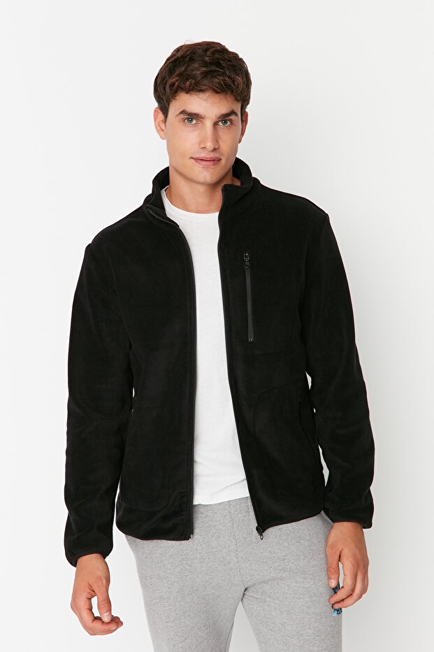 Siyah Regular/Normal Kesim Fermuarlı Sıcak Tutan Kalın Anti-pilling Polar Sweatshirt TMNAW23HI00050 - 3