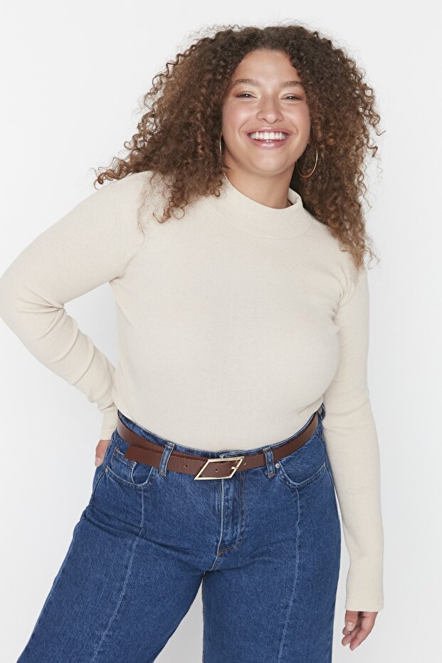 Beige High Neck Bodycone/Fitted Ribbed Knitted Plus Size Blouse Tbbaw23Af00003
