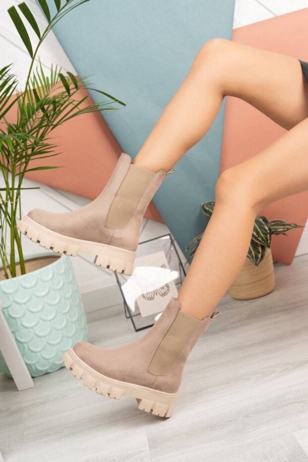 Beige Suede Side Elastic Thick Sole Daily Women's Boots