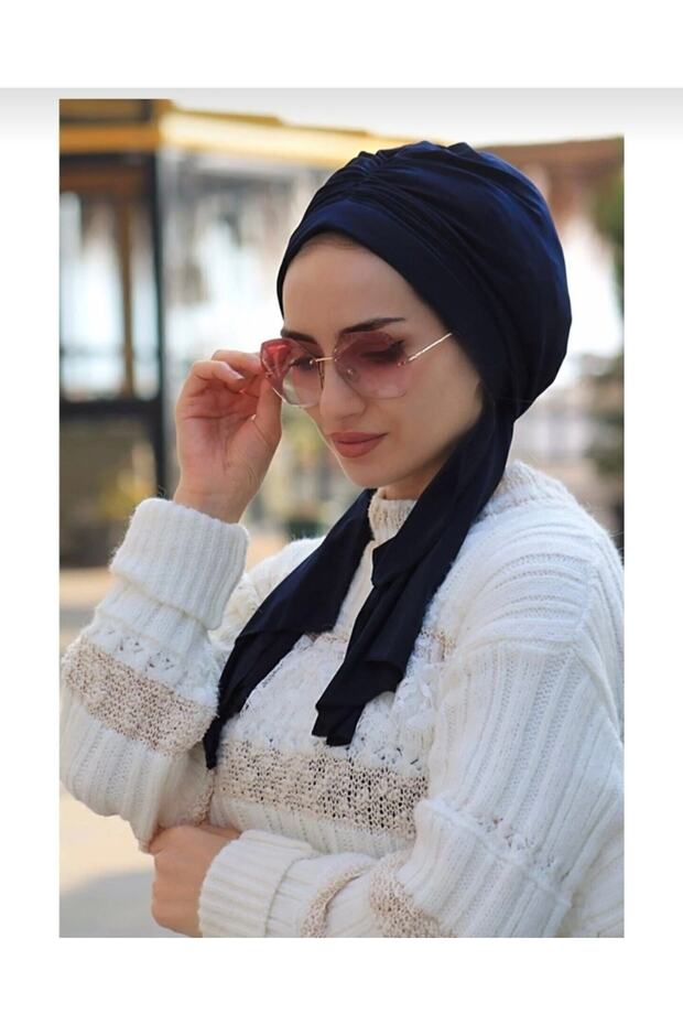 Women's Design Ready-made Bonnet Shawl Navy Blue