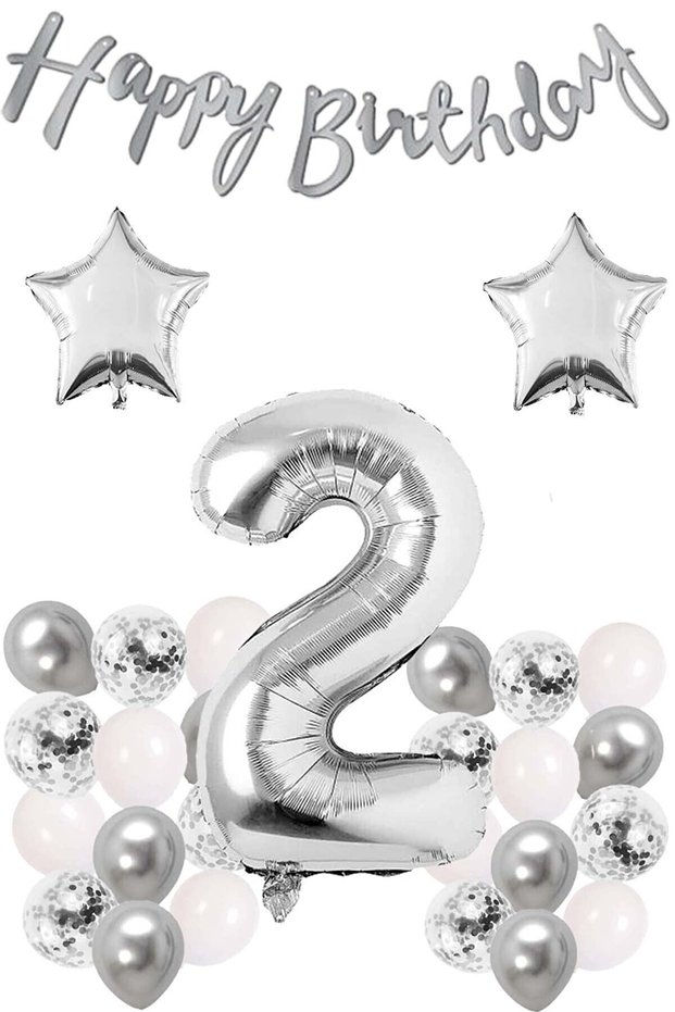 Silver Concept 2 Year Old Birthday Set Number and Star Foil Balloon Banner and 24 Balloons and Stamps