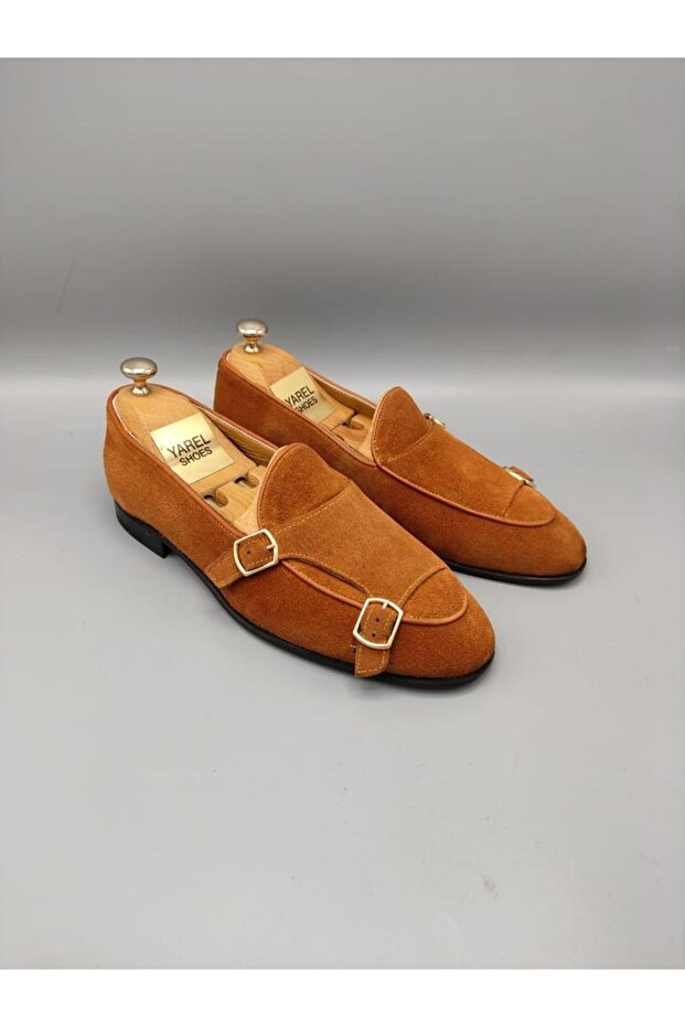 Tan Suede Double Buckle Genuine Leather Men's Shoes