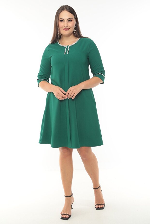 Women's Collar and Sleeve Large Size Dress with Stone Accessory Detail