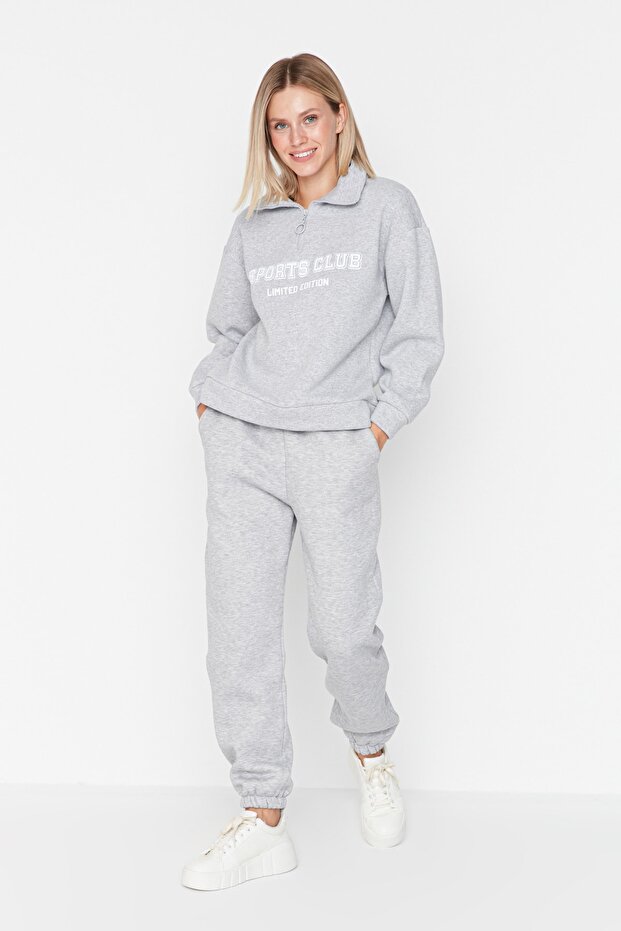 Gri Loose Jogger Kalın İçi Polarlı Örme Eşofman Altı Pantolon TWOAW23EA00151 - 9