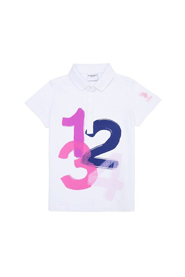 Printed White Girl's Polo T-shirt Numbe
