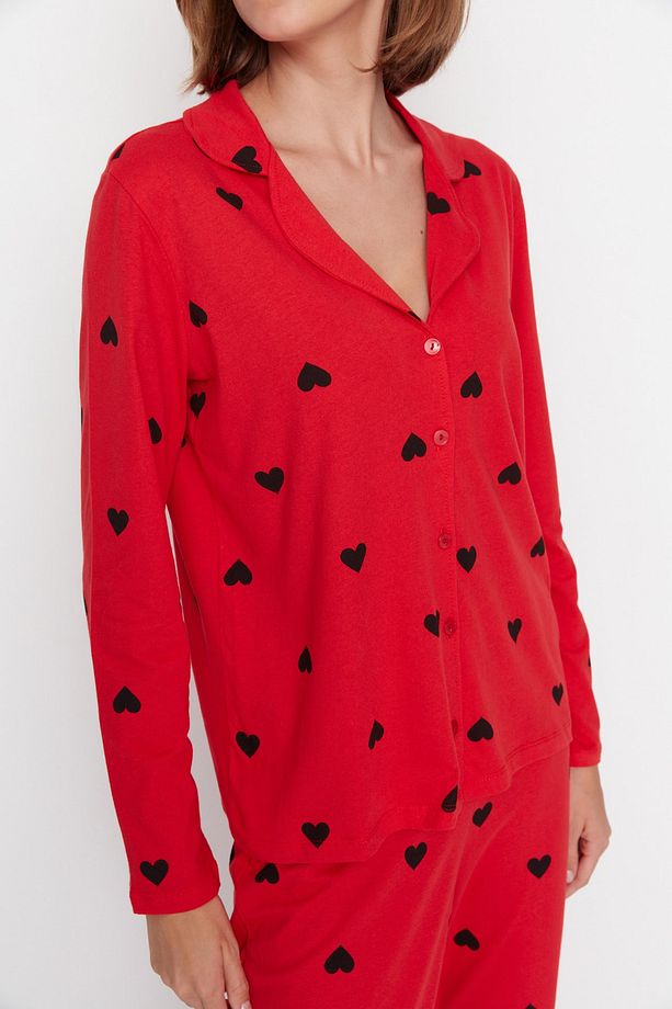 Kırmızı %100 Pamuklu Kalpli Örme Pijama Takımı THMAW21PT0548 - 3