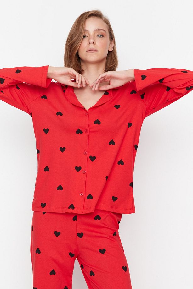 Kırmızı %100 Pamuklu Kalpli Örme Pijama Takımı THMAW21PT0548 - 4