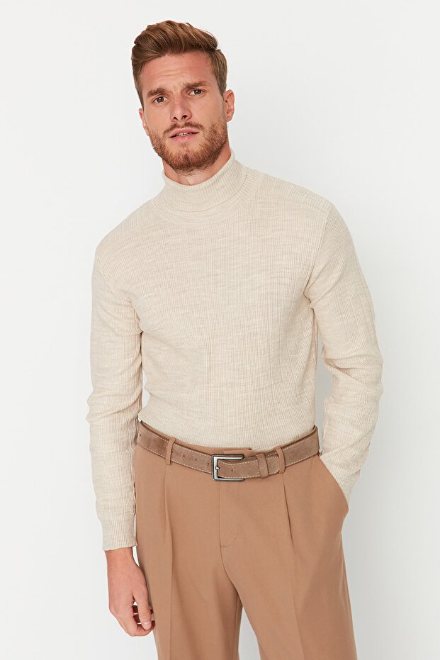 Beige Regular Fit Turtleneck Sweater Tmnaw21Kz2502