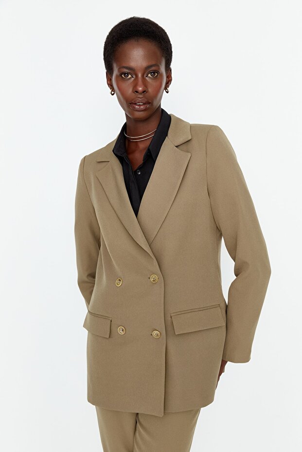 Açık Haki Regular Astarlı Kruvaze Kapama Dokuma Blazer Ceket TWOAW21CE0264 - 4