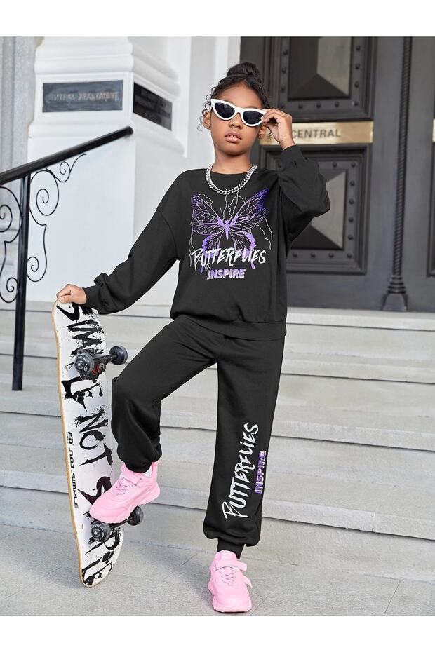 Black Futterflies Butterfly Printed Girls Sweatshirt & Tracksuit