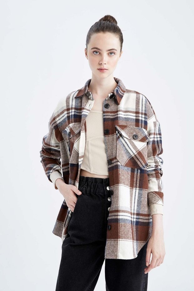Relax Fit Plaid Patterned Recycled Flannel Lumberjack Shirt Tunic with Pocket Detail