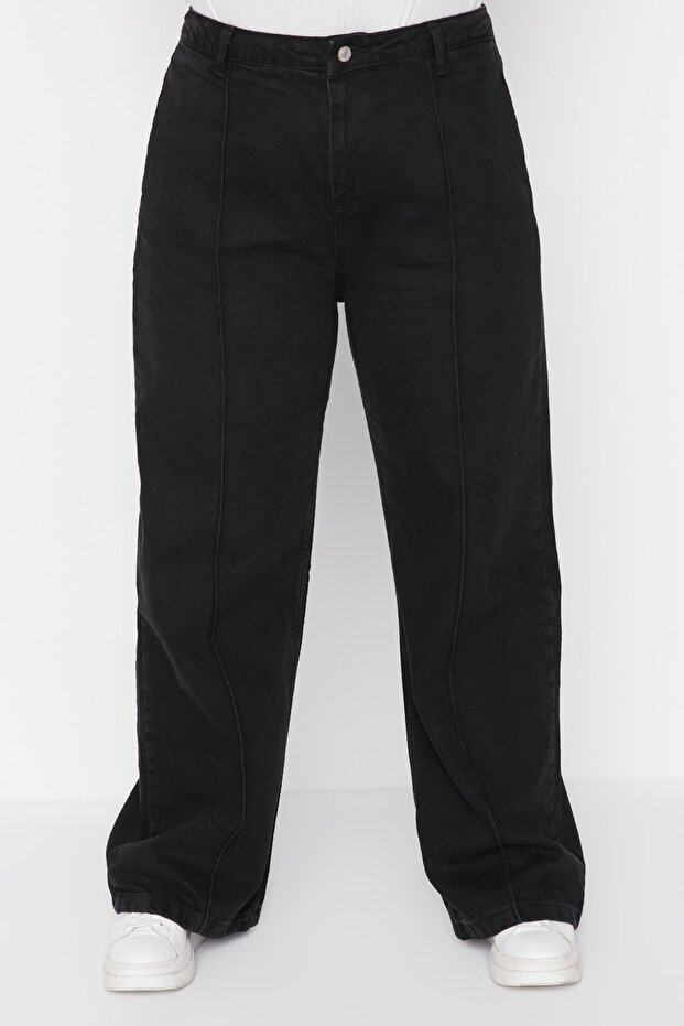 Antrasit Yüksek Bel Nervürlü Geniş Kesim Jeans TBBAW23CJ00013 - 13
