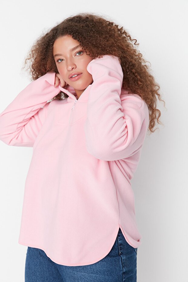 Pembe Kapüşonlu Kalın Polar Örme Büyük Beden Sweatshirt TBBAW23AO00064 - 7
