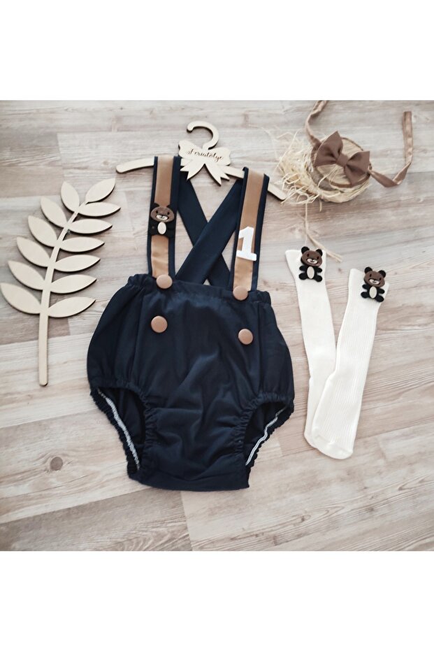 Teddy Bear Concept Navy Blue Caramel Striped Baby Boy Salopet