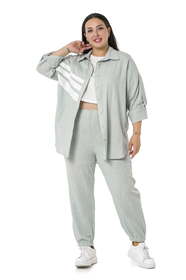 Large Size Shirt Pants Linen Water Green Suit