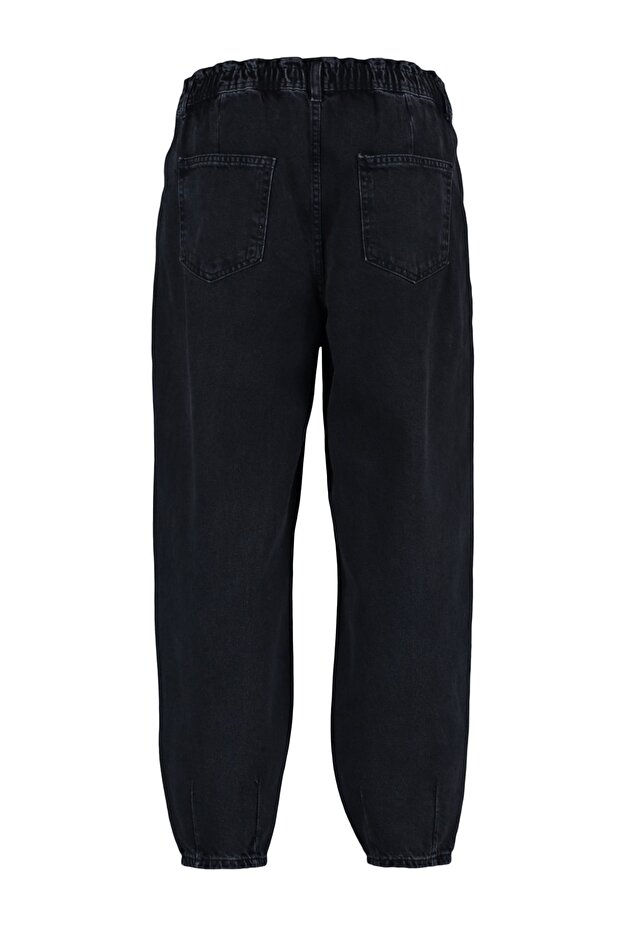 Siyah Yüksek Bel Paça Detaylı %100 Pamuk Cepli Mom Fit Büyük Beden Jeans TBBAW23CJ00007 - 13