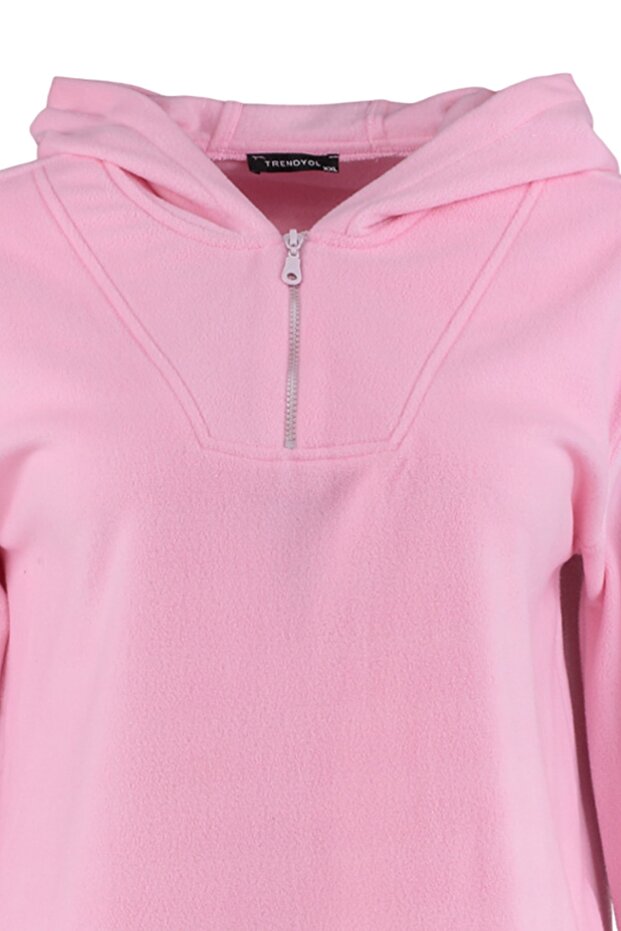 Pembe Kapüşonlu Kalın Polar Örme Büyük Beden Sweatshirt TBBAW23AO00064 - 12