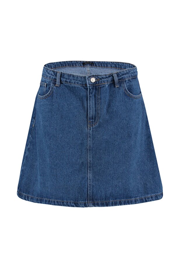 Mavi Yüksek Bel %100 Non-Stretch Pamuk A Shape Denim Etek TBBAW23AZ00042 - 12
