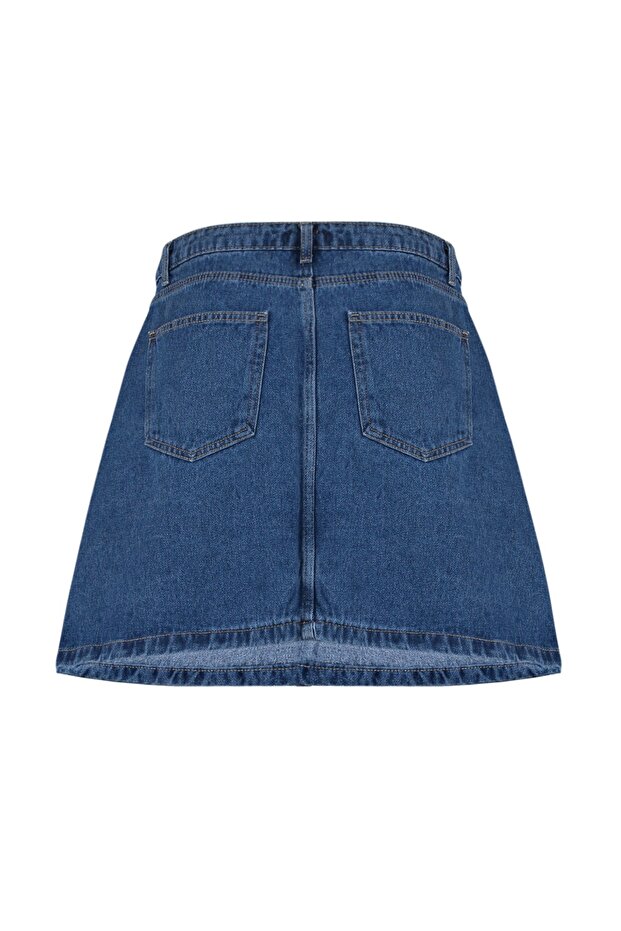 Mavi Yüksek Bel %100 Non-Stretch Pamuk A Shape Denim Etek TBBAW23AZ00042 - 14