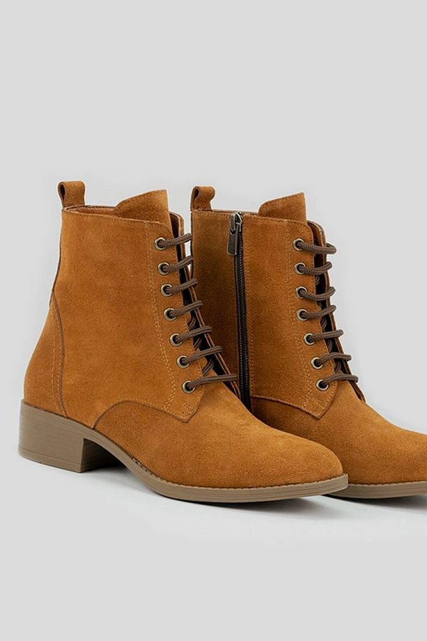 Kadın Taba Süet Hakiki Deri Bağcıklı Bot & Bootie - 3