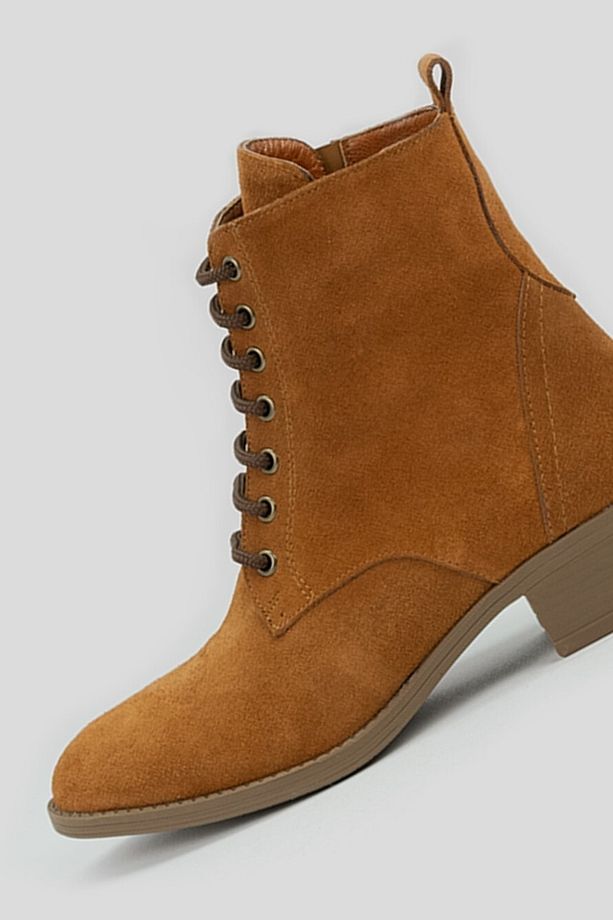 Kadın Taba Süet Hakiki Deri Bağcıklı Bot & Bootie - 5