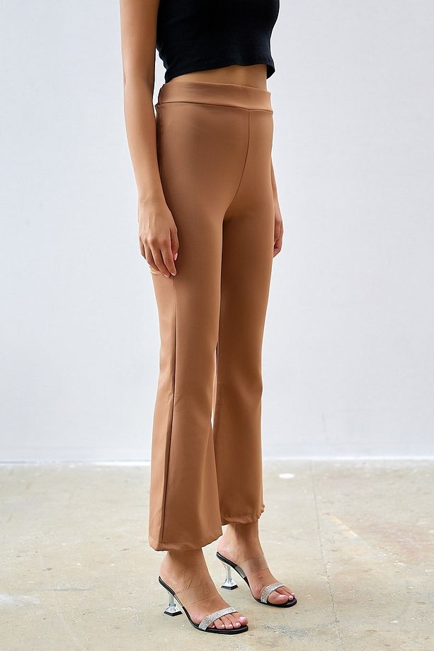 Yüksel Bel Ispanyol Paça Duble Kumaş Pantolon - Camel - 5